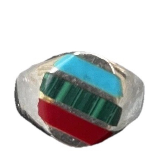 Vintage 925 Sterling Silver Mexico Ring w/ turquoise and malachite Size 7.5 - Picture 5 of 5